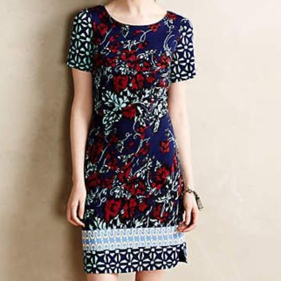 Anthropologie Deveney Ponte Shift Tracy Reese Colorful Knit Dress Blue Floral - Picture 1 of 4
